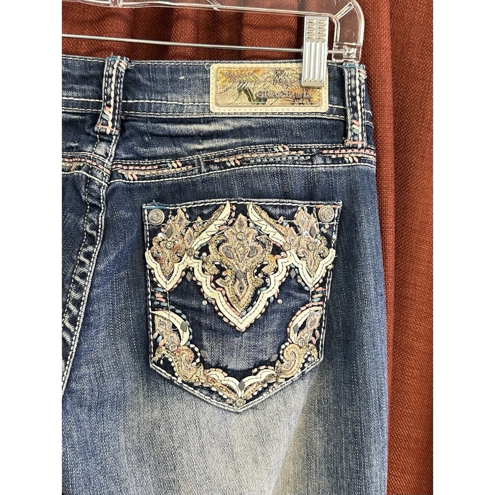 Grace in LA Jeans Womens 29x33 Distressed Med Wash Embellished Pockets Boot Cut